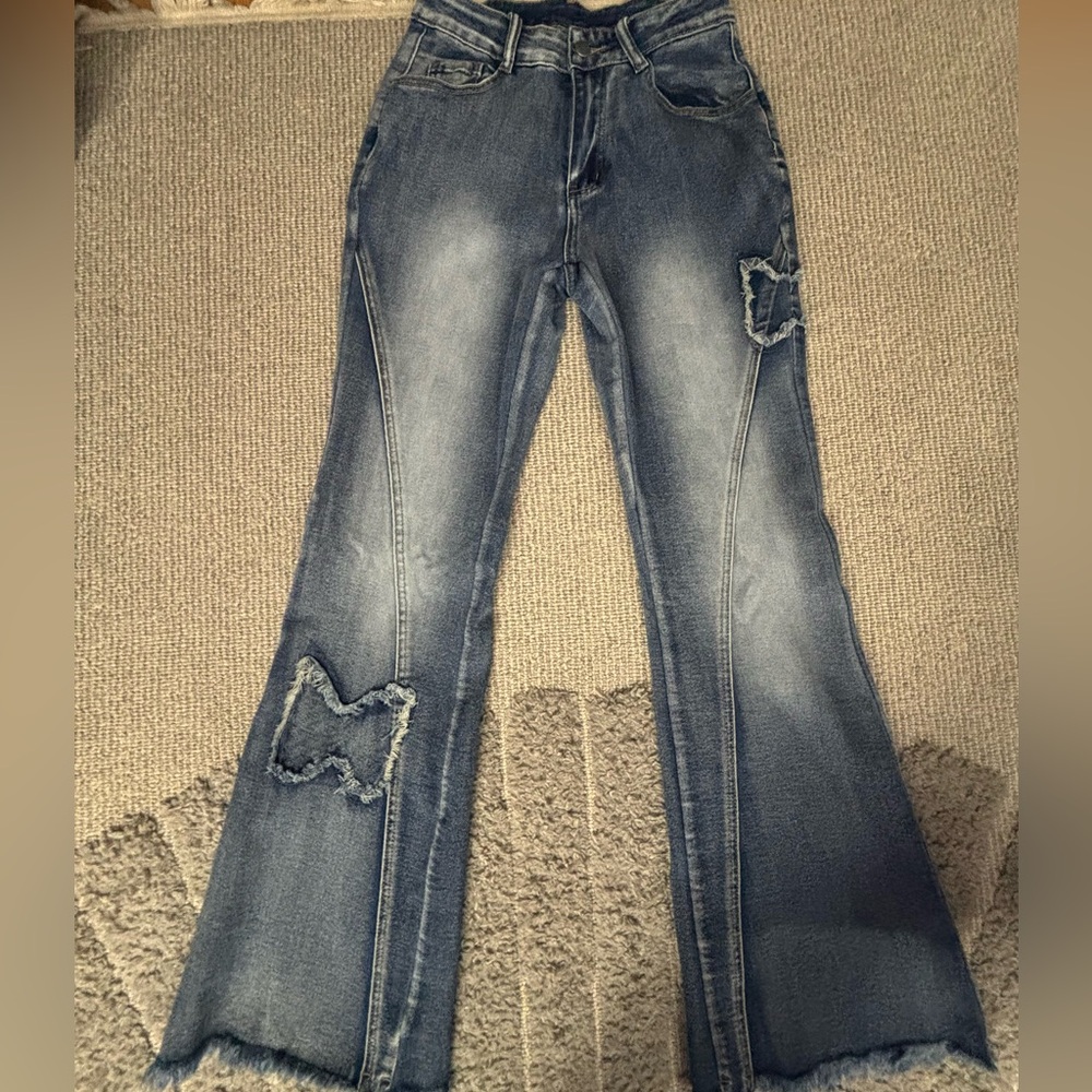 Y2K Butterfly Distressed Flare Jeans Blue Wash - XS